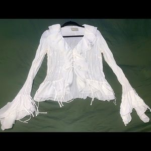 Carrie Allen Vintage Embellished Beaded Sheer Fringe Ruffle Blouse size M White